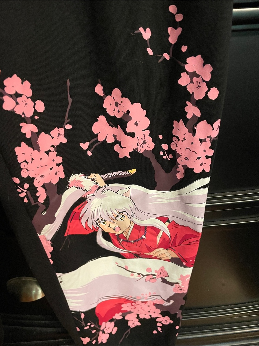 Inuyasha Black Jogger Drawstring Sweat Pants with Pink Cherry Blossom Print - Picture 9 of 9